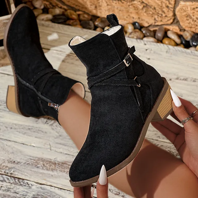 New Cross strap Side Zipper Mid heel Ankle Boots For Women Black - Shop at LoveMi
