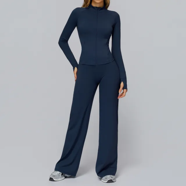 Women's Brushed Fabric Tight Top And Pants Casual Sports Suit Blue - Shop at LoveMi
