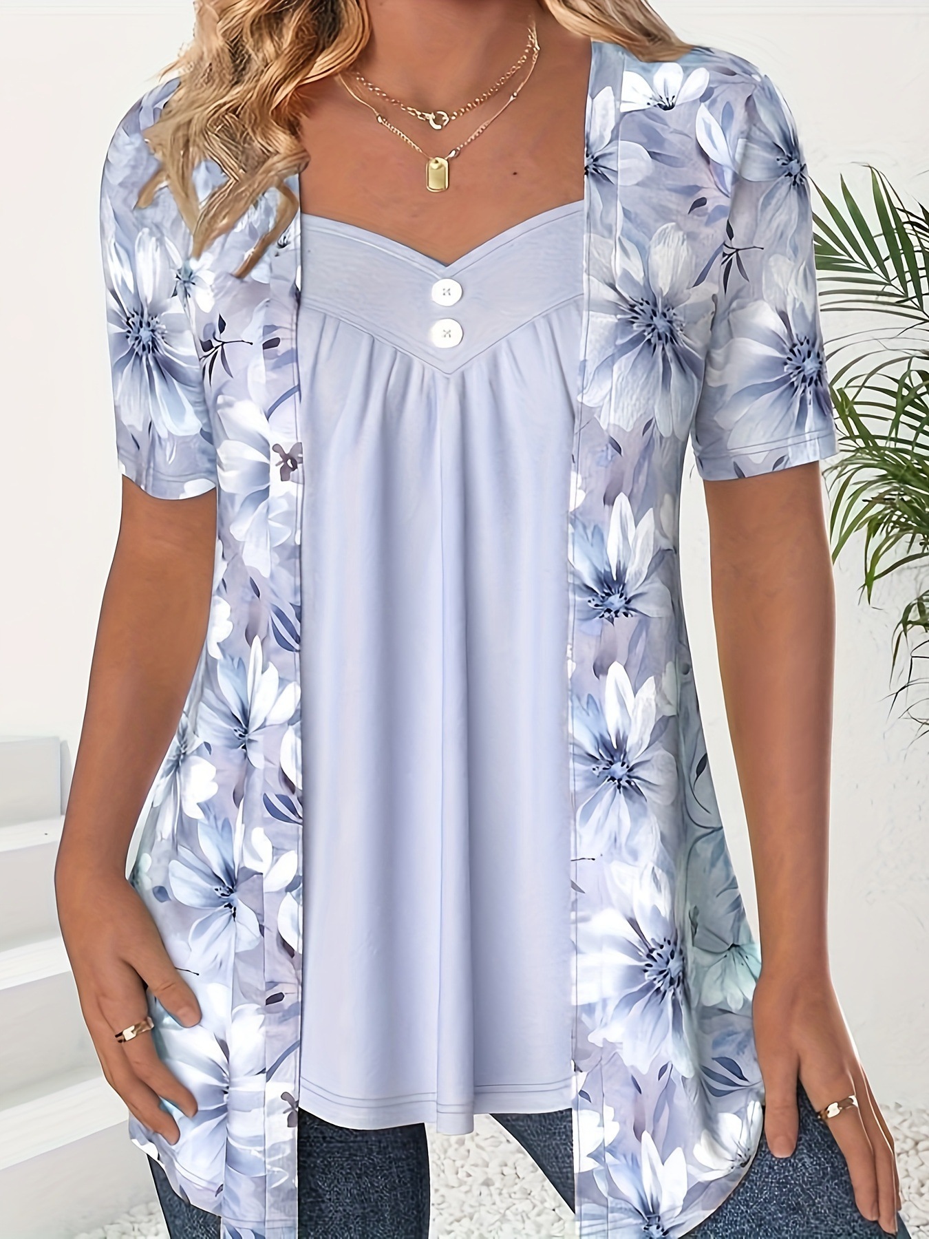 Fake Two Pieces Short Sleeve Printed Fashion Button Top Light Blue - Shop at LoveMi