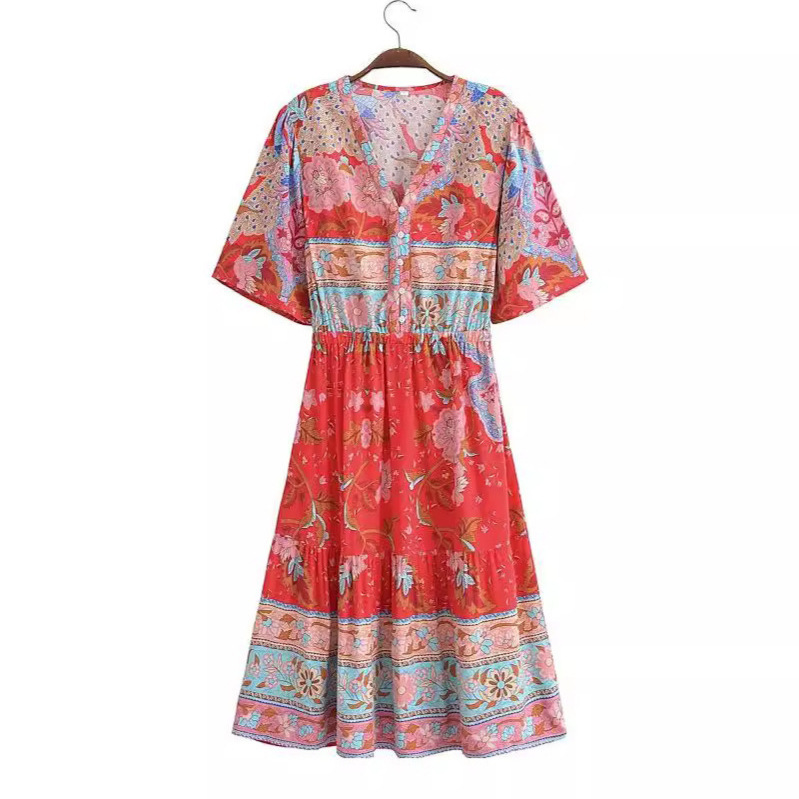 Ethnic Style V-neck Cotton Silk Short Sleeved Thai Style Dress