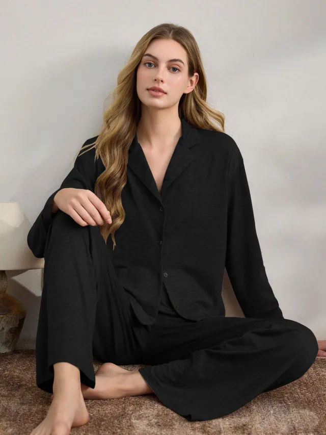 Casual Cardigan Long sleeve Top And Loose fitting Pants Pajama Set Black - Shop at LoveMi
