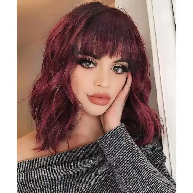 Full head Wig style Curly Small Wave Hairstyle Air Bangs Artificial Human Hair Wig Sheath Wine Red - Shop at LoveMi