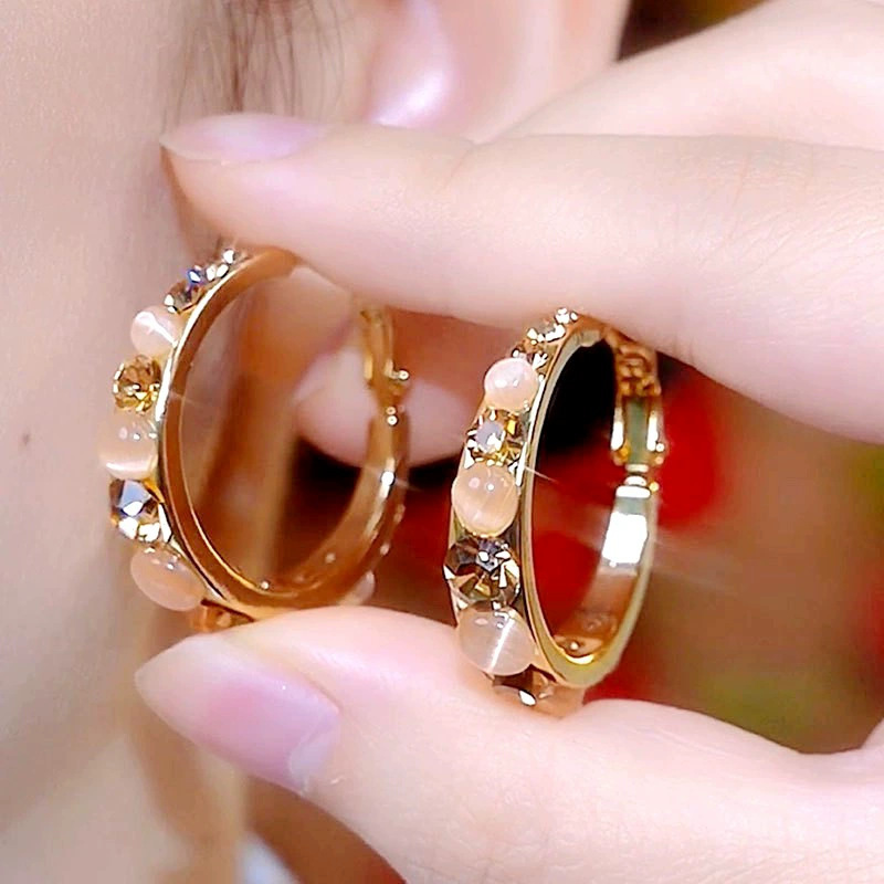 Coffee-colored Rhinestone Cat-eye Stone Hoop Earrings