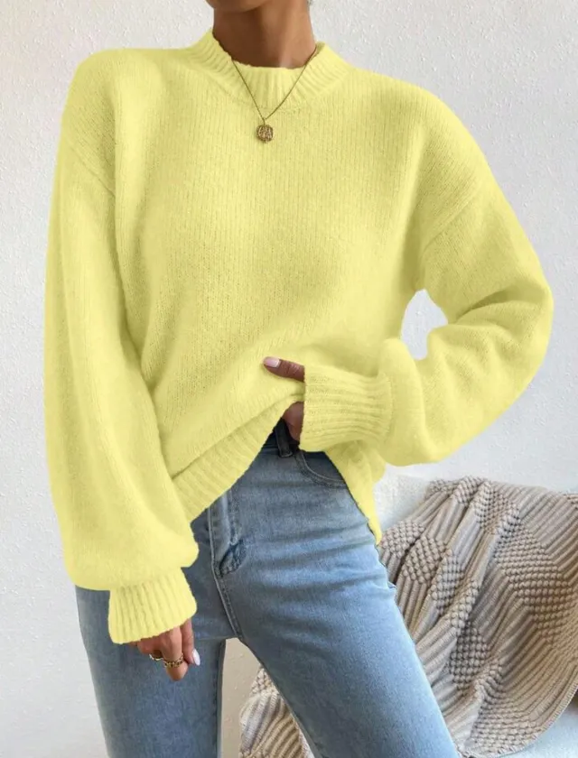 Pure Color Half Collar Leisure Pullover Sweater Women's Long sleeved Sweater Yellow - Shop at LoveMi