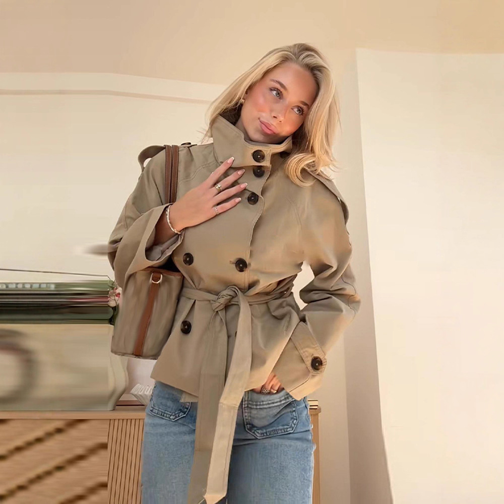 Womens Buttoned Waist-Cinching Lace-Up Trench Coat