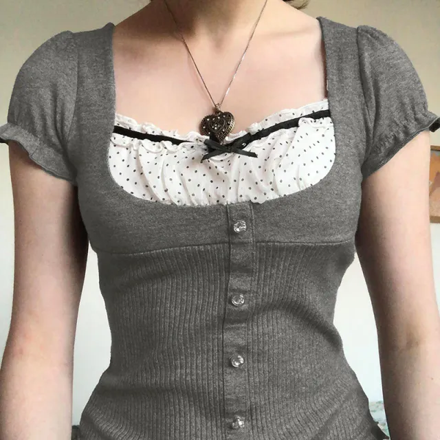 French Style Girls Contrast Color Stitching Square Collar Short Sleeve Knitwear Button Slim Fit Wooden Ear T shirt Grey - Shop at LoveMi