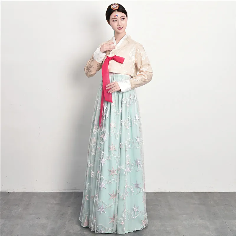 Traditional Court Korean Ethnic Dance Performance Dress - Yellow Coat And Green Skirt