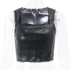European And American PU Leather Square Collar Camisole - Black - View 1