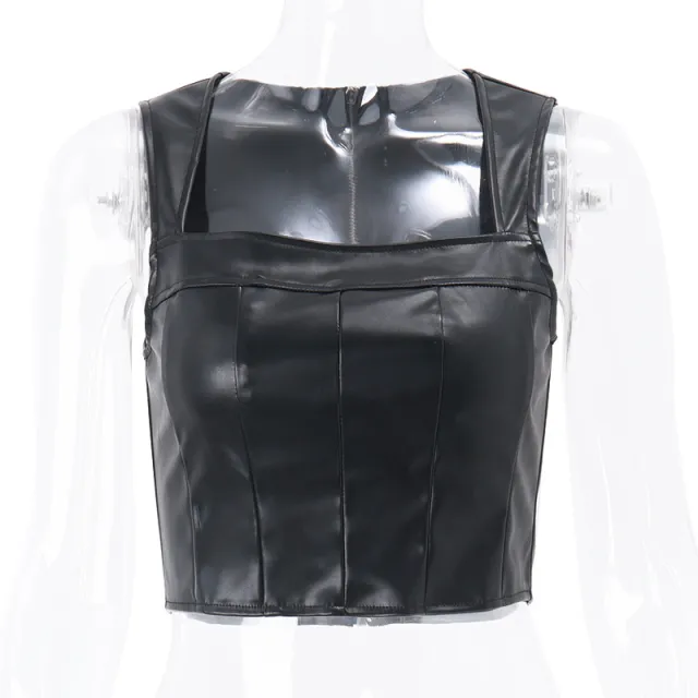 European And American PU Leather Square Collar Camisole Black - Shop at LoveMi