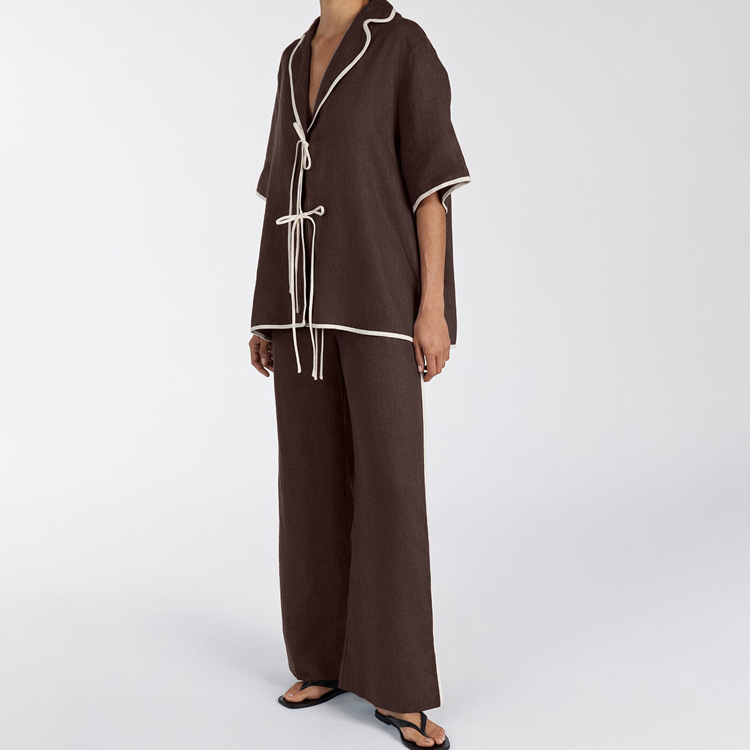 Casual Contrast Color Lapel Tied Cardigan Top Wide Leg Pants Two-piece Set