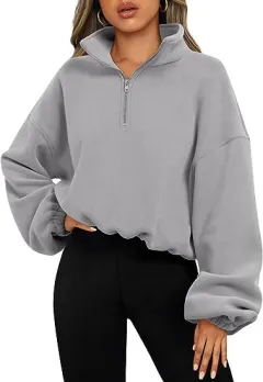 European And American Half Zipped Stand Collar Drawstring At Hem Polar Fleece Jacket - Tan - View 1