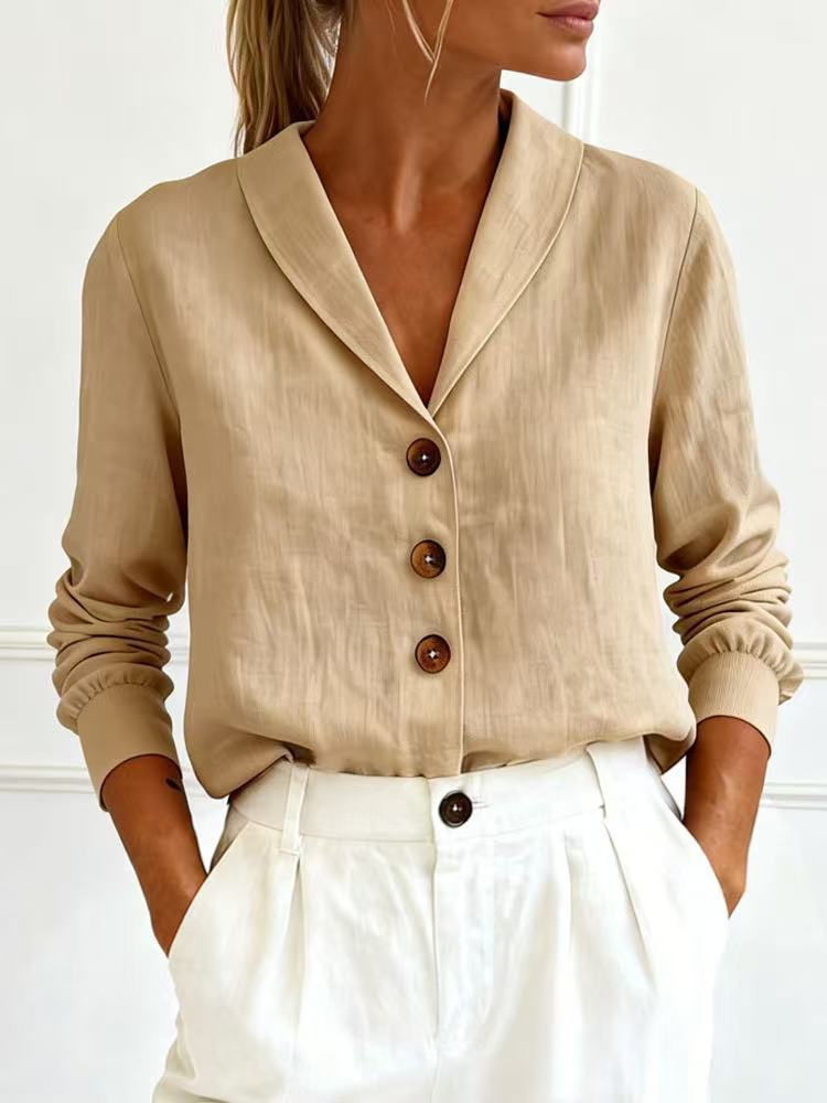 Women's cotton-linen shirt – Peter Pan collar detail and fabric close-up