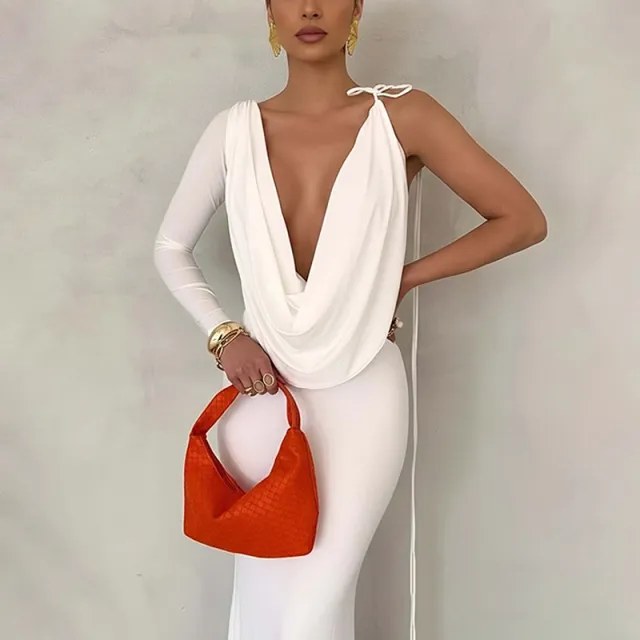 Elegant Solid Color Deep V neck Dress White - Shop at LoveMi