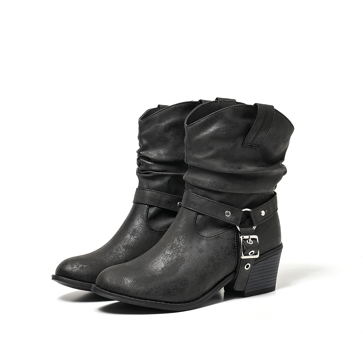 Studded-Strap Mid-Calf Boots