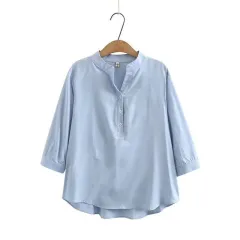 Loose Cotton Linen Top Three-quarter Colour Shirt - Light Blue - View 1