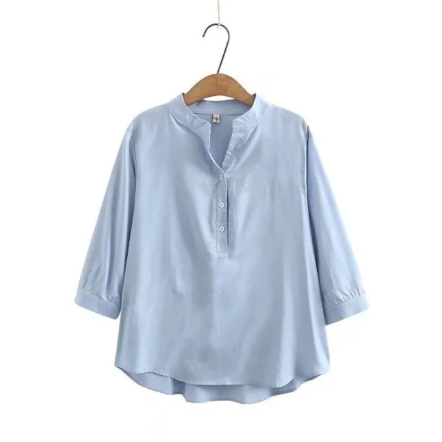 Loose Cotton Linen Top Three quarter Color Shirt Light Blue - Shop at LoveMi
