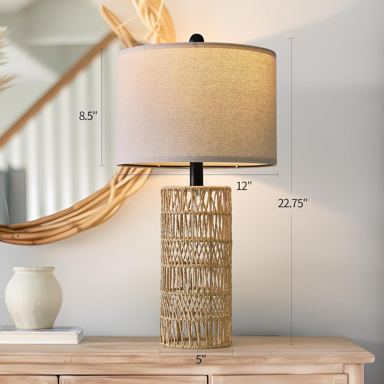 Beige Boho Rattan Table Lamp