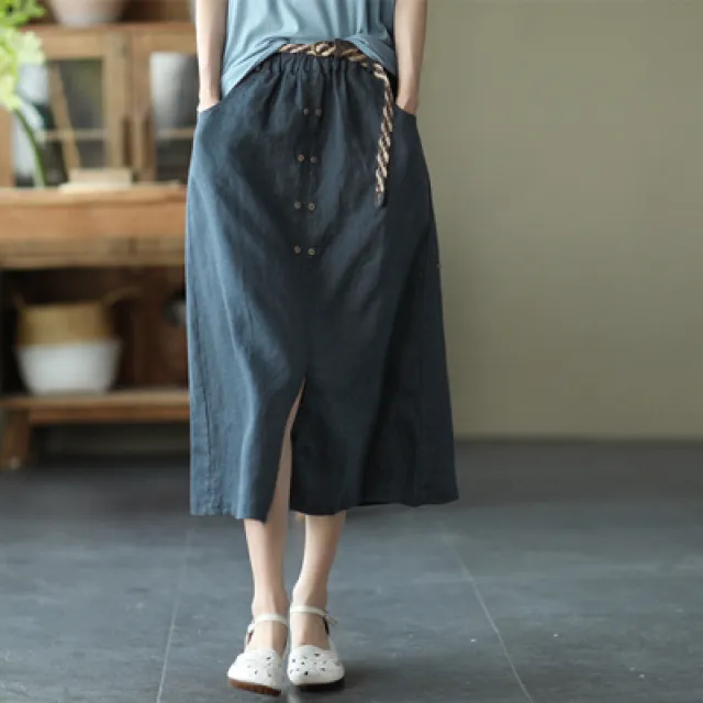 Retro Elastic Waistband Slimming A Line Skirt Blue Belt - Shop at LoveMi