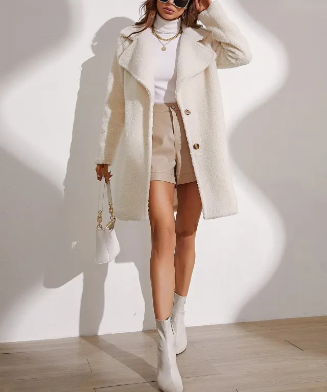 Women's Solid Color Long Lapel Long Sleeve Autumn And Winter Thick Plush Coat Beige - Shop at LoveMi