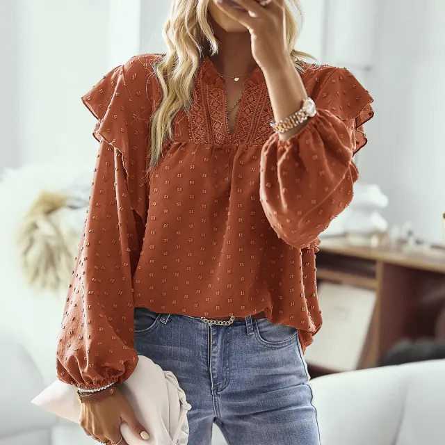 Spring And Summer Ruffled Lantern Sleeves Lace Stitching Coat Brown - Shop at LoveMi