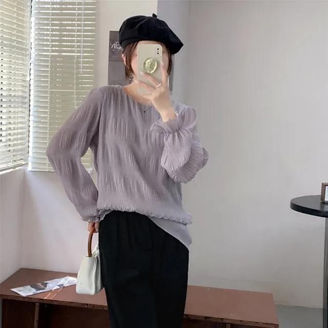 Pleated Bell Sleeve Chiffon Shirt Loose Long Sleeve Top Light Gray - Shop at LoveMi