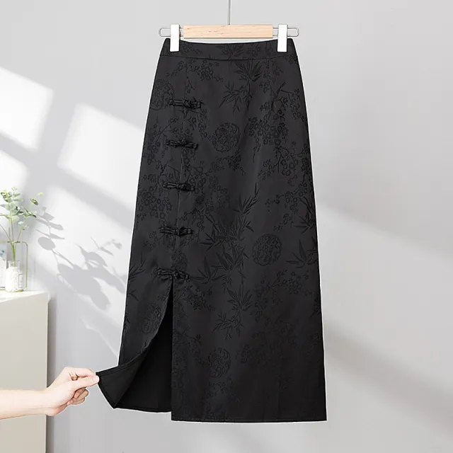 New Chinese style Traditional Frog button Retro Jacquard High waisted Slimming Skirt Black - Shop at LoveMi