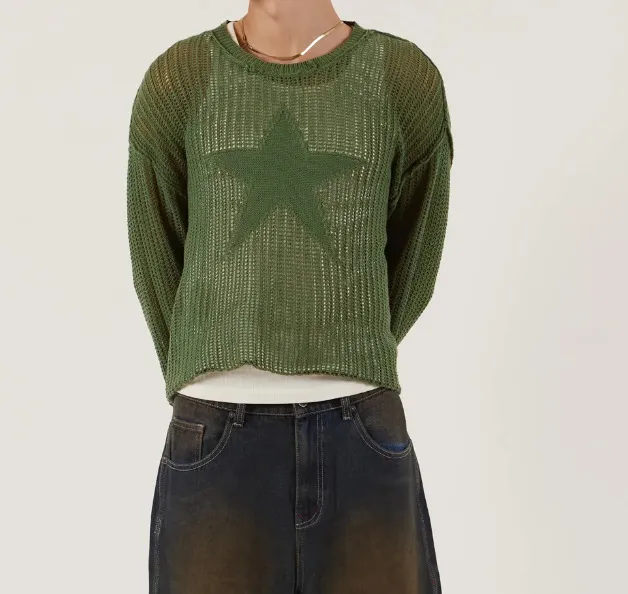 Women's Fashion Five pointed Star Hollow Out Sweater Loose Casual Army Green - Shop at LoveMi