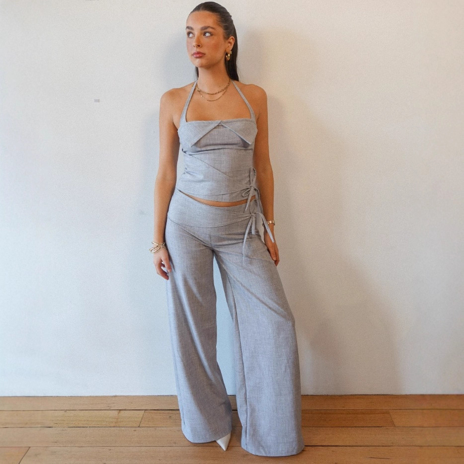 Women's Halter Spaghetti Straps Top Casual Wide Leg Bandage Workout Leggings Trousers Suit