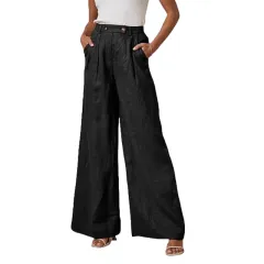 Leg Cotton And Linen Trousers Leisure Elastic High Waist Wide Leg Pants - Black - View 1