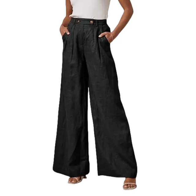 Leg Cotton And Linen Trousers Leisure Elastic High Waist Wide Leg Pants Black - Shop at LoveMi