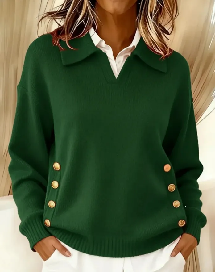 Turn-down Collar Button-down Collar Pullover Women's Long Sleeve - Green