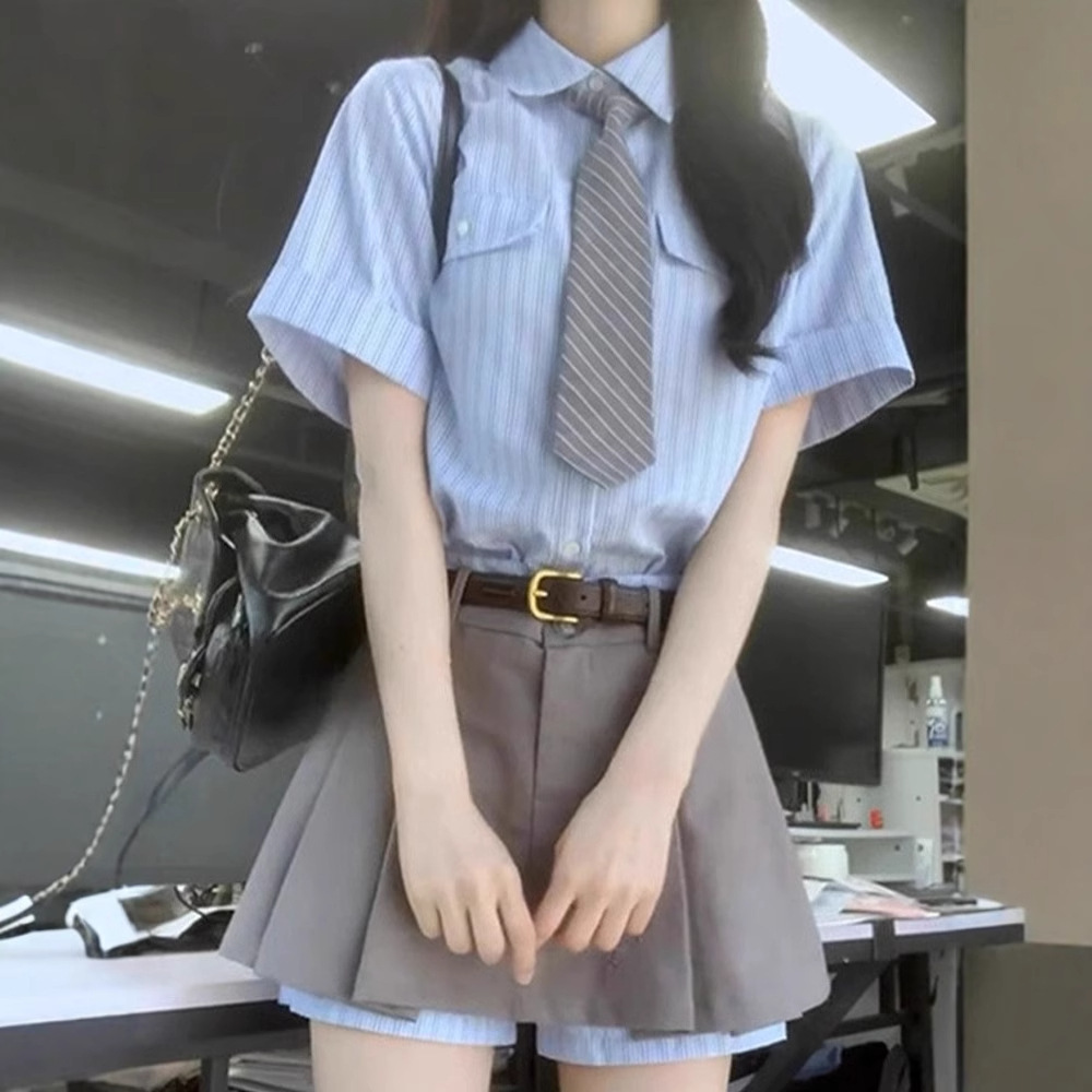 Girls Preppy-Style Striped Shirt And Skirt Set