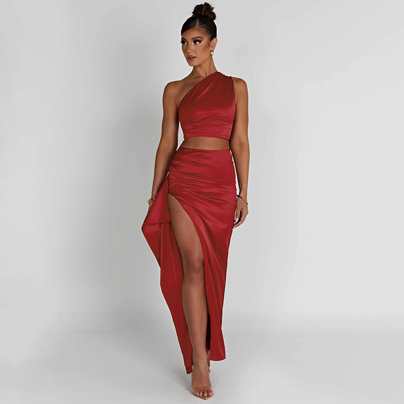 One shoulder Satin Short Top High Waist Split Maxi Dress E Red - Shop at LoveMi