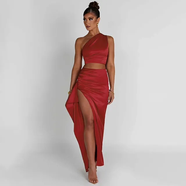 One shoulder Satin Short Top High Waist Split Maxi Dress E Red - Shop at LoveMi