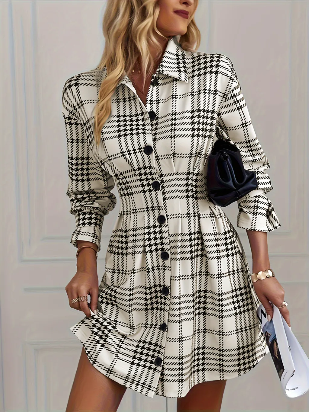 French Retro Printed Skirt New Plaid Dress - White