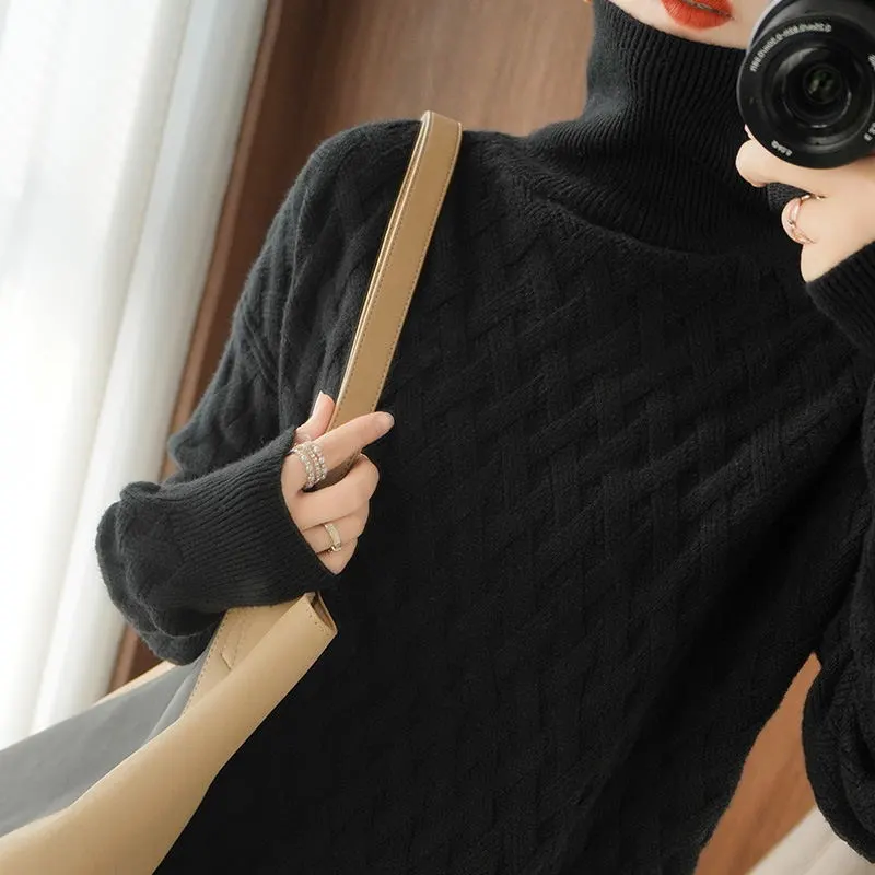 Women's Turtleneck Thread Warm Sweater Knitted Bottoming Shirt - Black