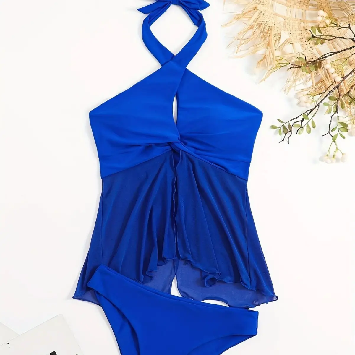 Solid Color European And American Split Sheer Mesh Sexy Bikini Swimsuit