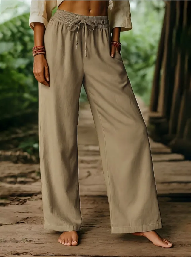 Elastic Casual Solid Color Cotton Linen Wide Leg Pants Khaki - Shop at LoveMi
