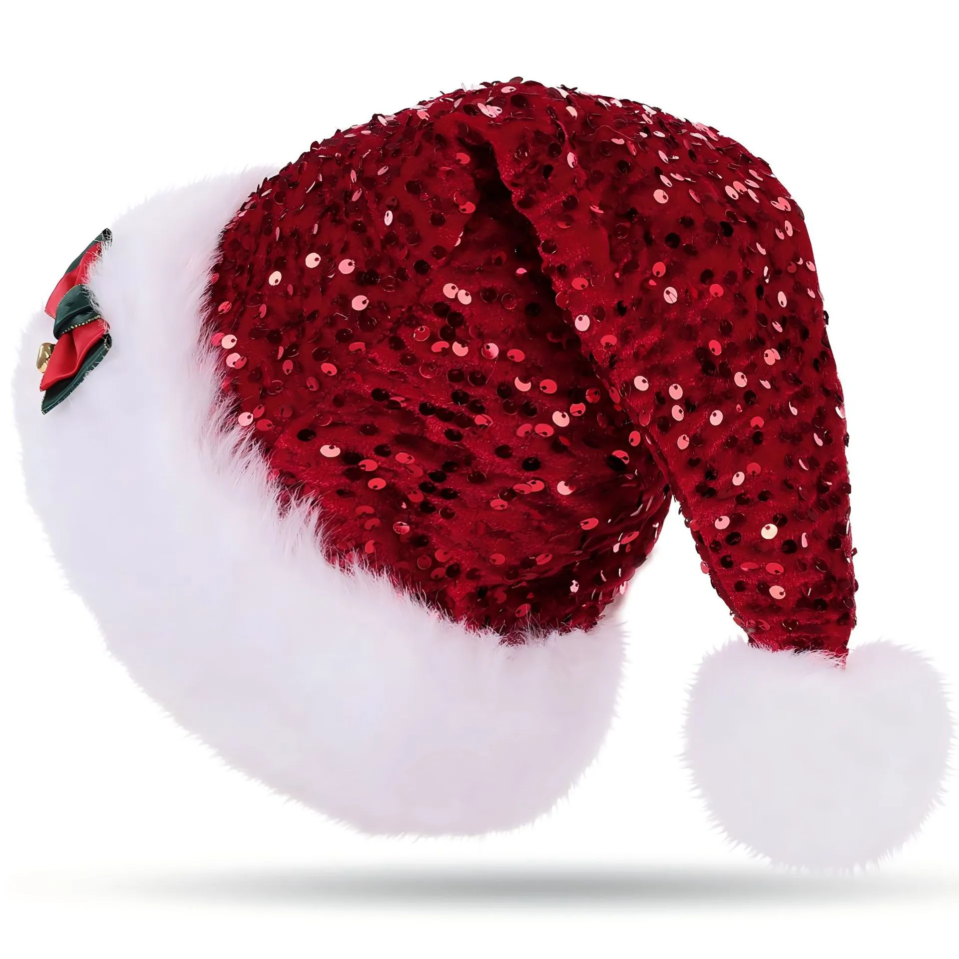 Christmas Hat With Red Sequins And Bow Design Warm Plush Decorative Hat, Christmas Enlarged And Thickened Long Haired Hat – image 5