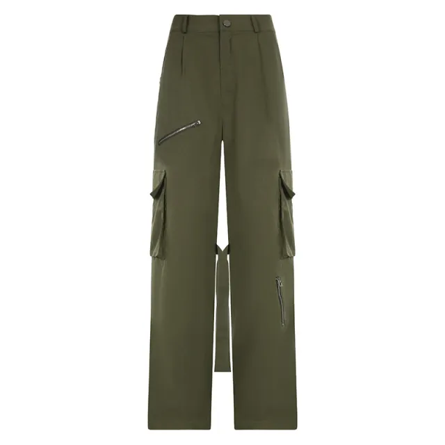Women's Fashion Casual Multi pocket Ribbon Wide leg Workwear Trousers Army Green - Shop at LoveMi