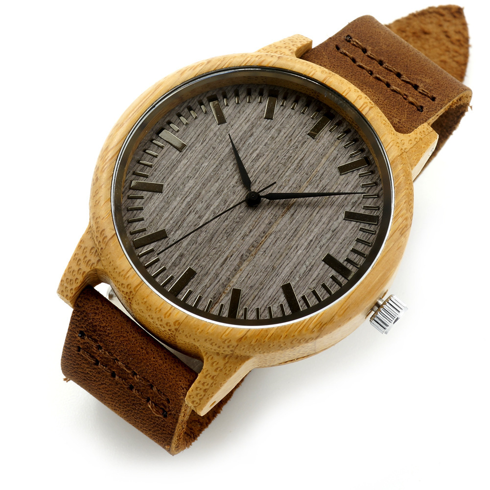 Single-bamboo Wooden-layer Cowhide Mens Wooden Watch 3