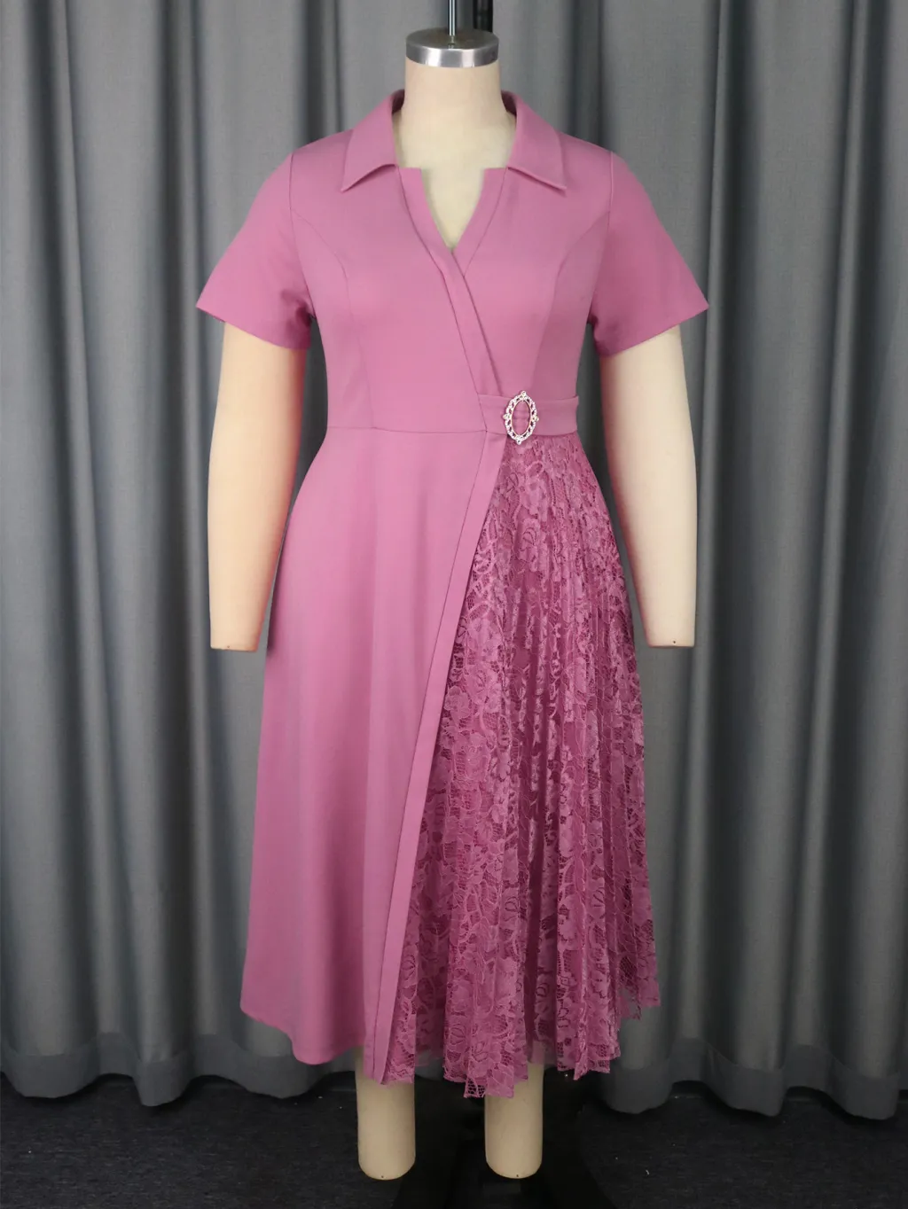 Short Sleeve Lapel Patchwork Lace Pleated Dress - Pink