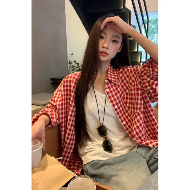 Red Plaid Shirt Cardigan Women's Long Sleeve Jacket Red - Shop at LoveMi