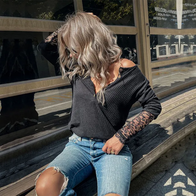 Early Autumn European And American Style Casual Women's Wear Long sleeved Lace Bottoming Black Sweater Black - Shop at LoveMi