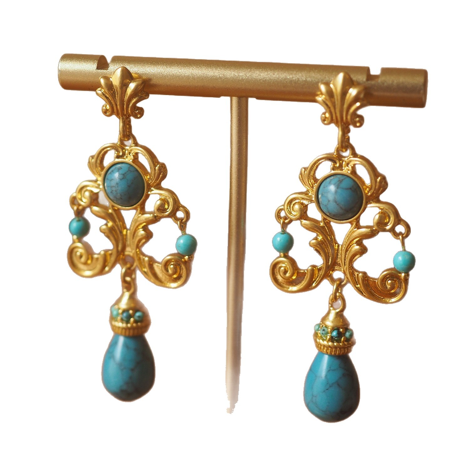 Vintage Palace Style Turquoise Earrings - Handcrafted Floral Carved Drop Earrings