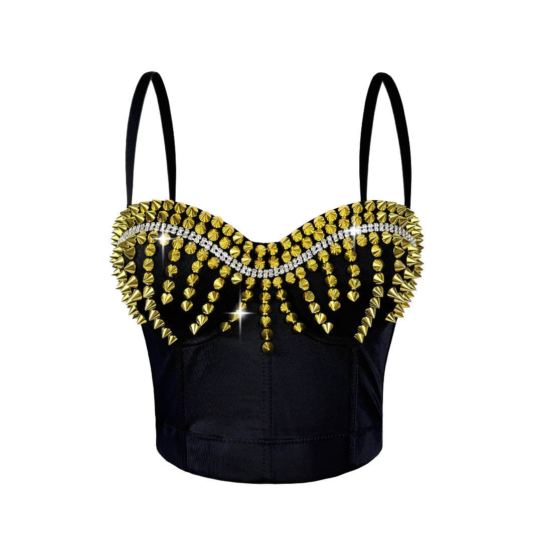 Sleek Edgy Outerwear Top With Exposed Midriff And Decorative Rivets