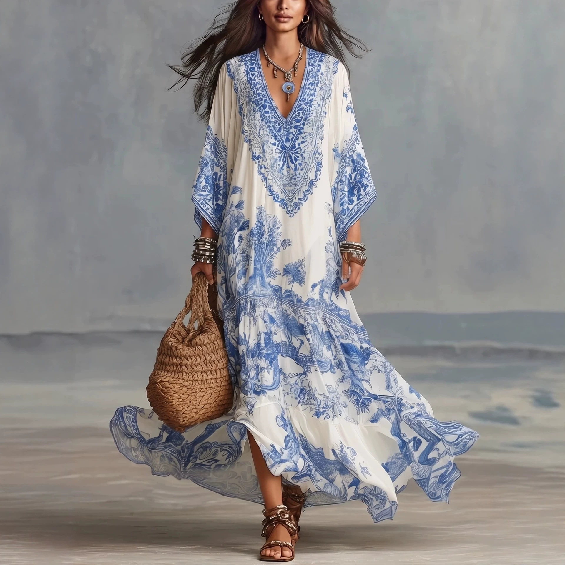 Printed V Neck Batwing Sleeve Bohemian Maxi Dress