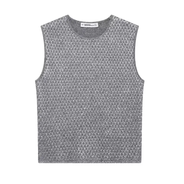 European And American Women's Beads Decoration Metallic Yarn Knitted Top Silver - Shop at LoveMi