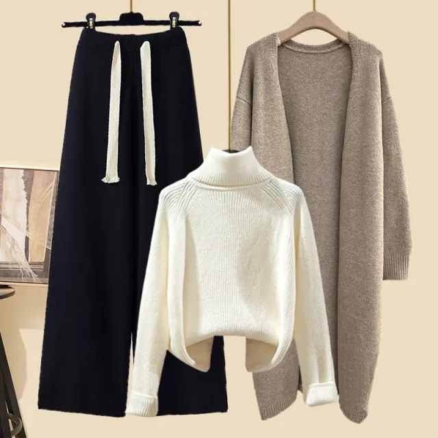 Idle Style Three piece Set Thick Turtleneck Sweater Wide Leg Pants Wear Long Cardigan Jacket Slimming Style Three Pieces 5 S - Shop at LoveMi
