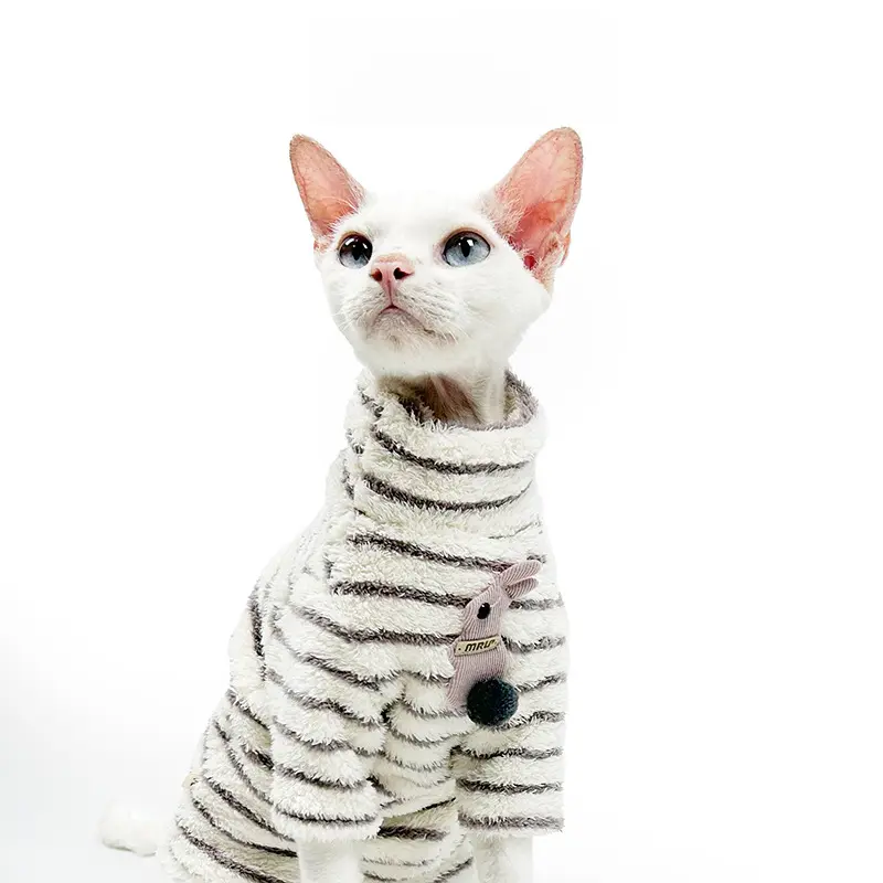 Sphynx Cat Warm Fleece Striped Turtleneck Sweater